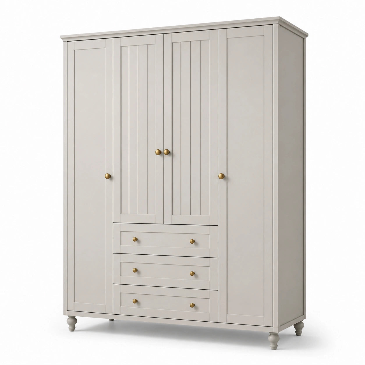 Armoire en bois gris clair avec poignées en laiton, 3 portes et 3 tiroirs