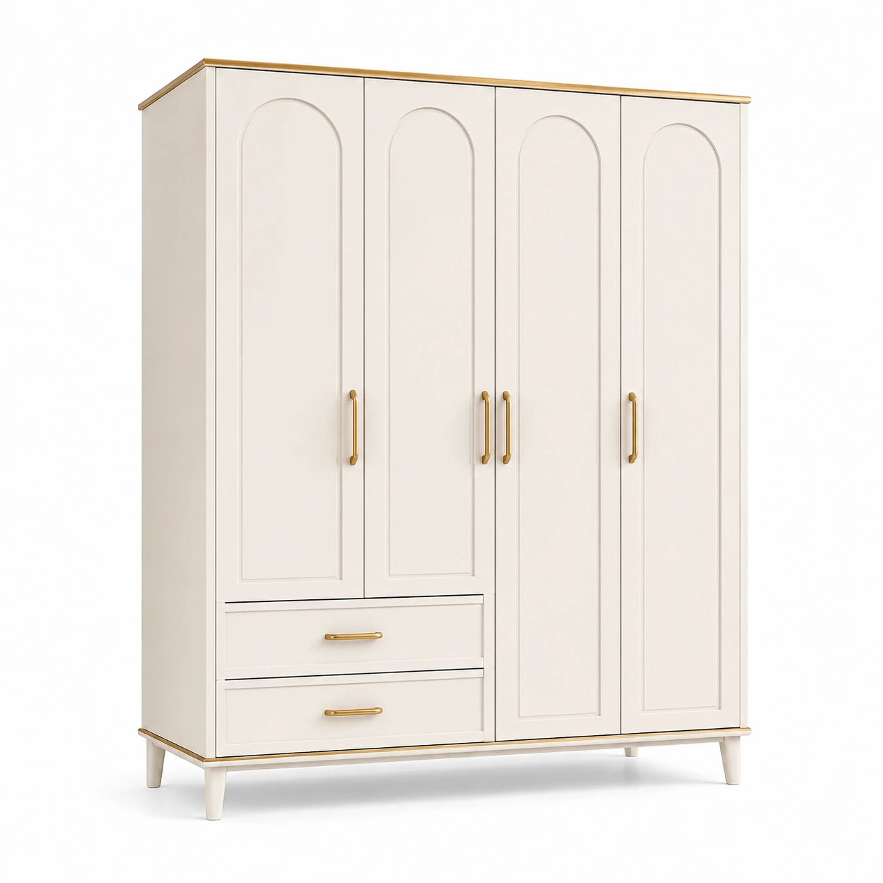 Armoire 4 Portes en Bois Blanc avec Tiroirs et Poignées D'or