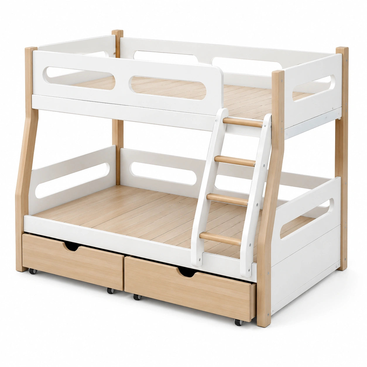Lit superposé en bois avec tiroirs de rangement blanc/naturel/vert