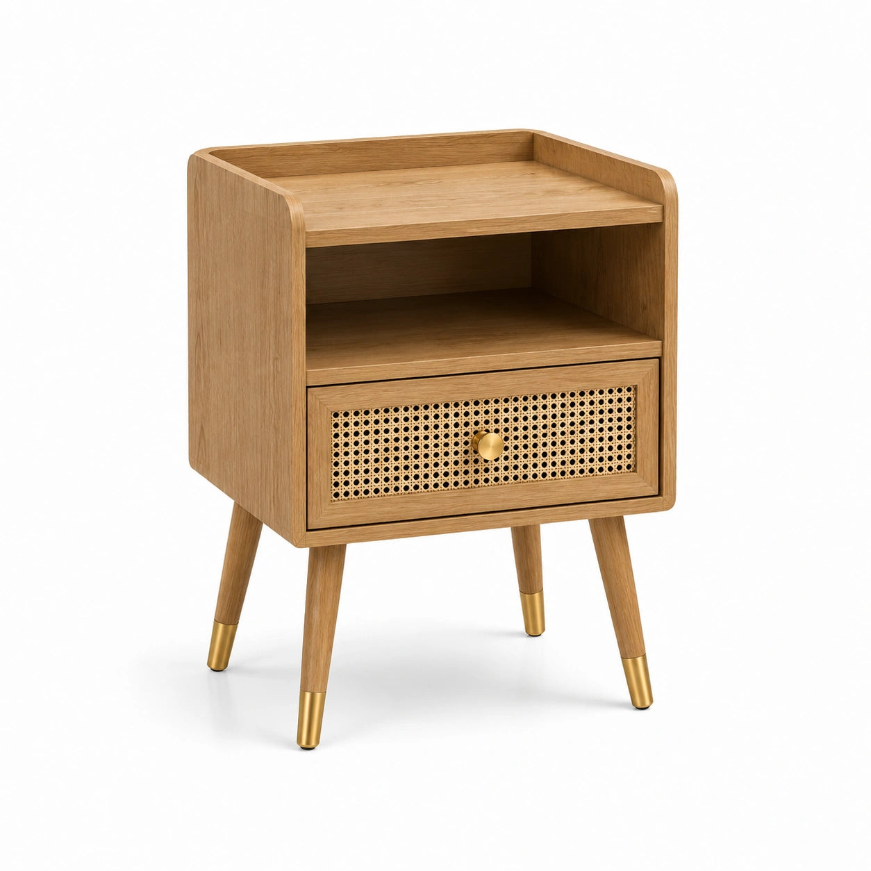 Table de chevet en bois avec plateau en marbre et tiroirs en rotin