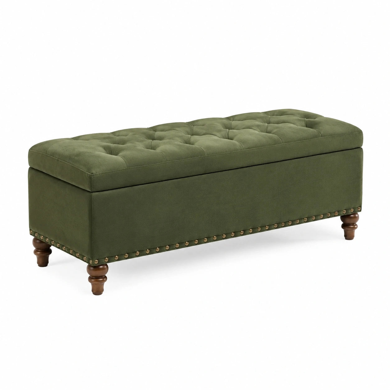 Banc de rangement en velours vert avec pieds en bois