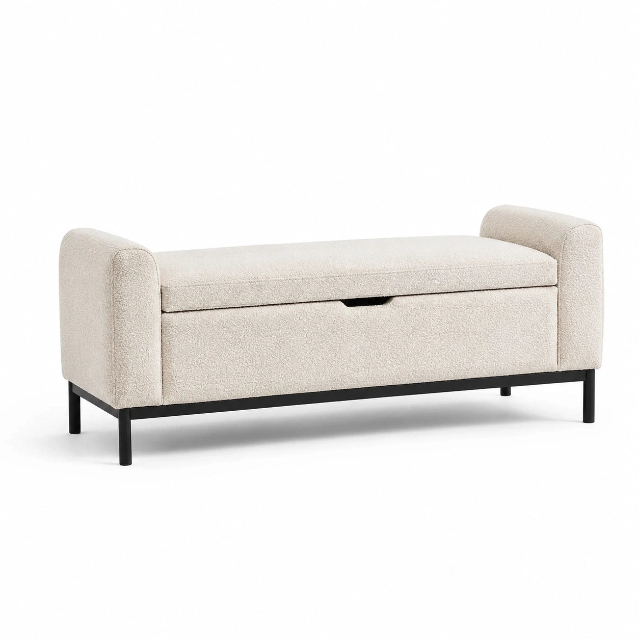 Banc de rangement en tissu bouclé beige et métal 130x45x50 cm