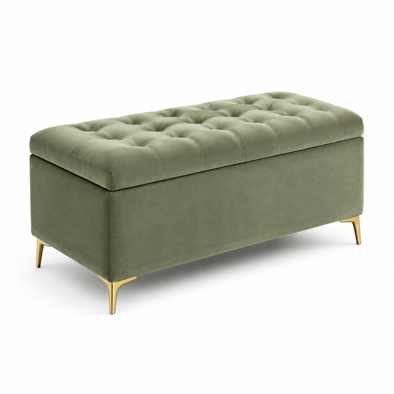 Banc de rangement en velours vert avec pieds en métal doré