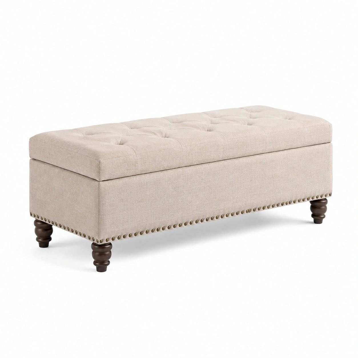 Banc de rangement en tissu beige avec pieds en bois