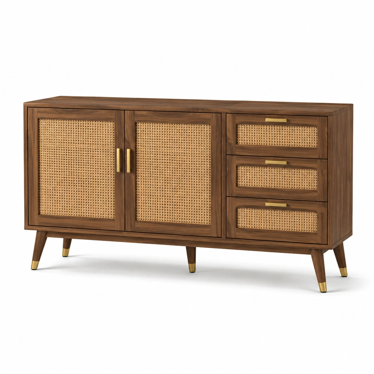 Buffet en bois de noyer et rotin