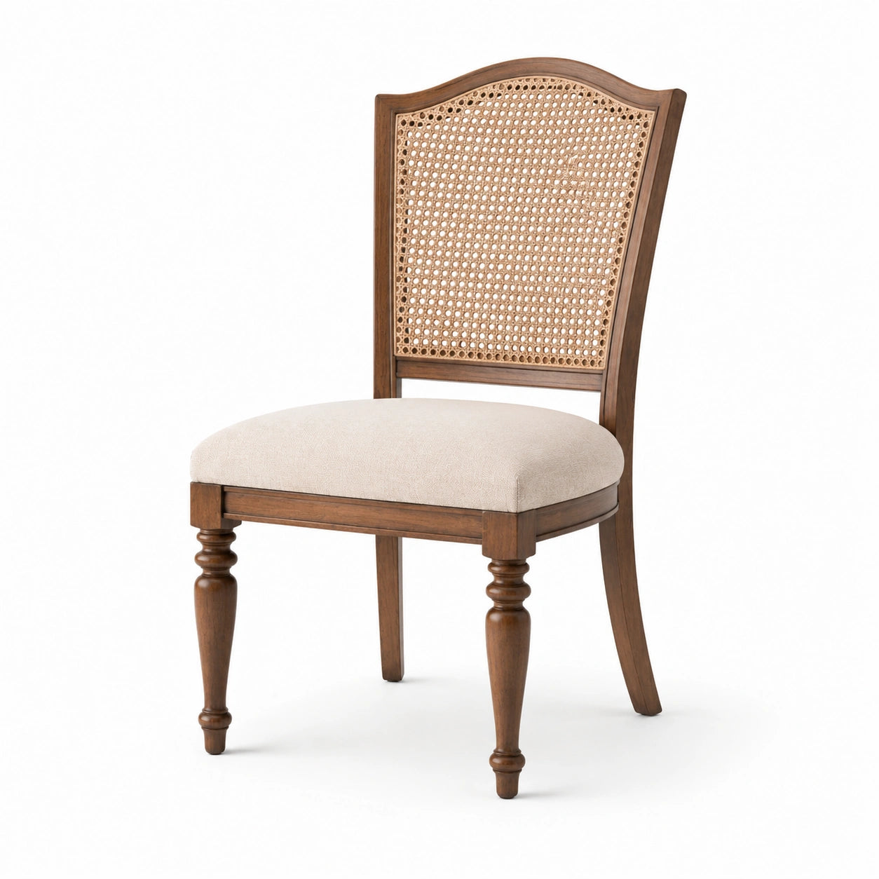 Chaise de salle à manger en bois et rotin avec siège en polyester beige