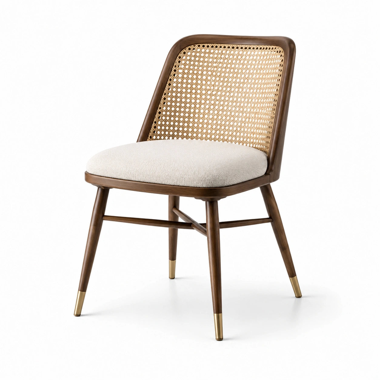 Chaise en bois de noyer et cannage avec tissu beige 85cm