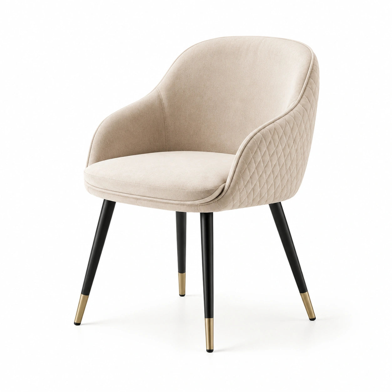 Chaise en velours beige avec pieds en métal noir et embouts dorés