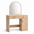 Coiffeuse en bois avec miroir arquée, deux tiroirs et une porte