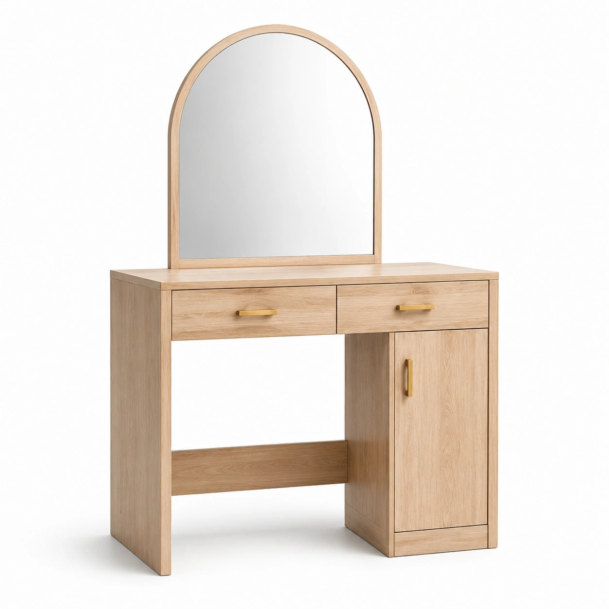 Coiffeuse en bois avec miroir arquée, deux tiroirs et une porte