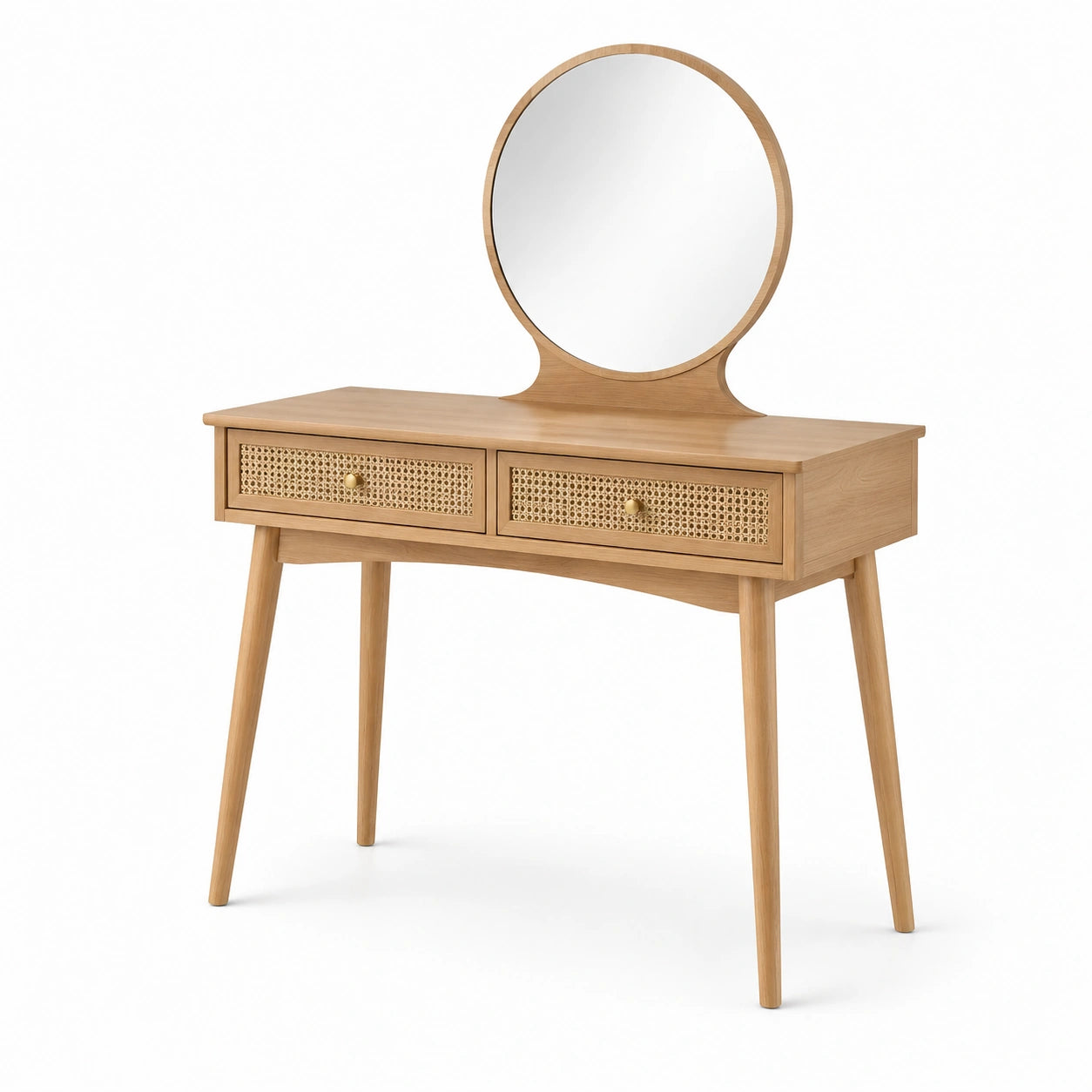 Coiffeuse en bois avec miroir rond et tiroirs en rotin