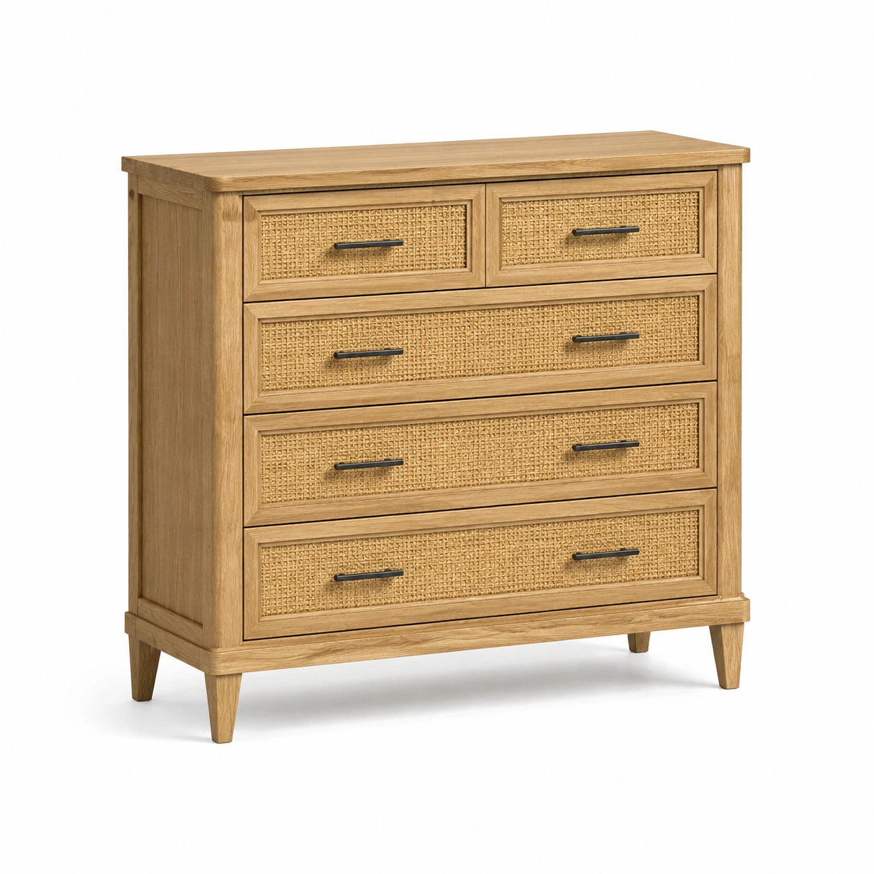 Commode en bois de chêne et rotin 5 tiroirs