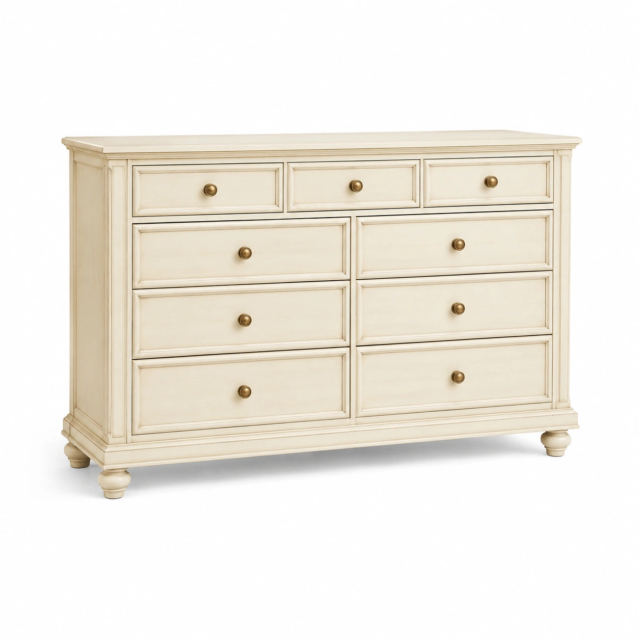 Commode en bois massif couleur crème avec 9 tiroirs