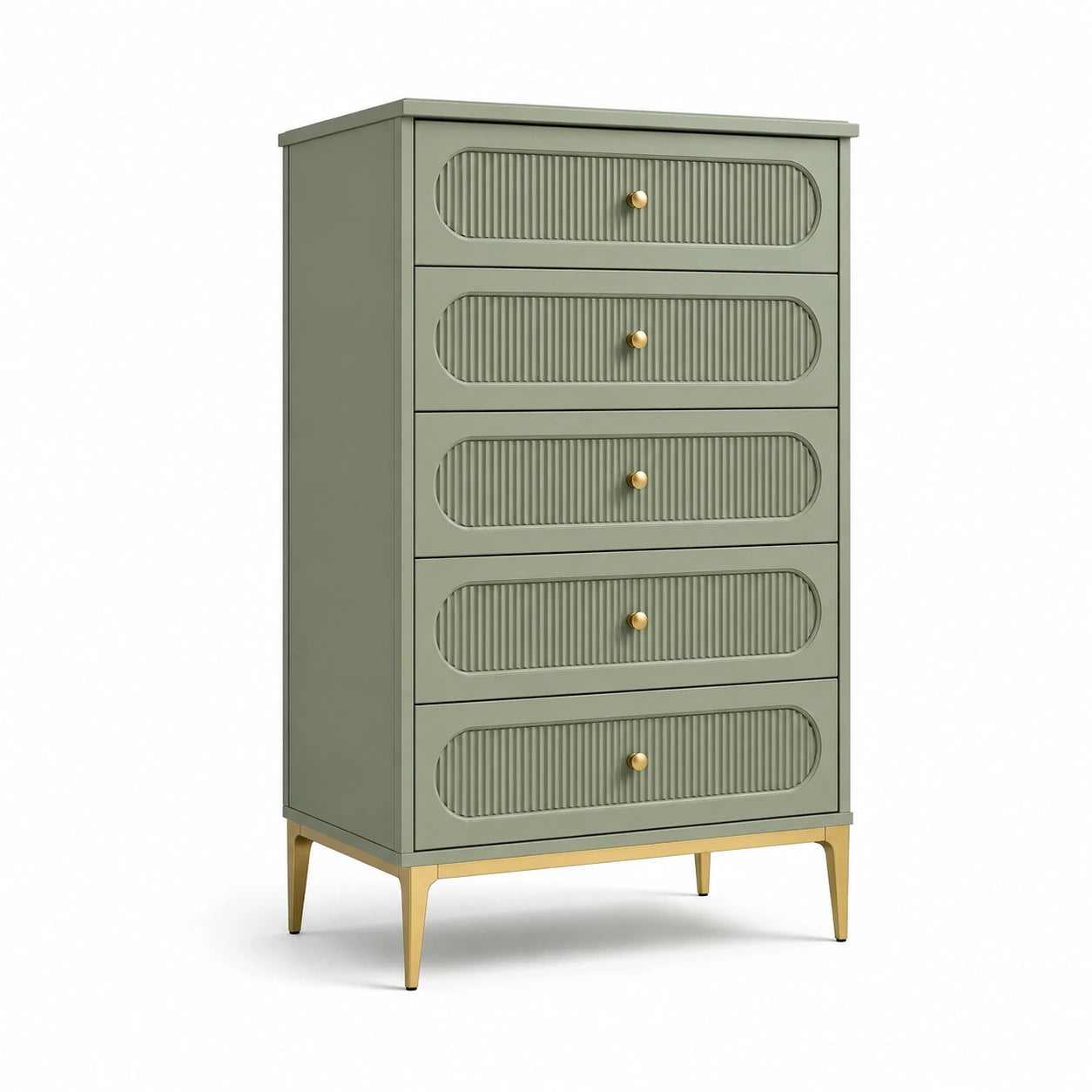 Commode à cinq tiroirs en bois MDF vert avec pieds en métal