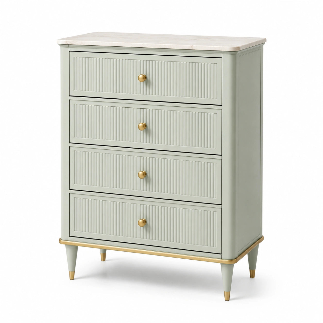 Commode 4 tiroirs en bois vert sauge avec dessus en marbre