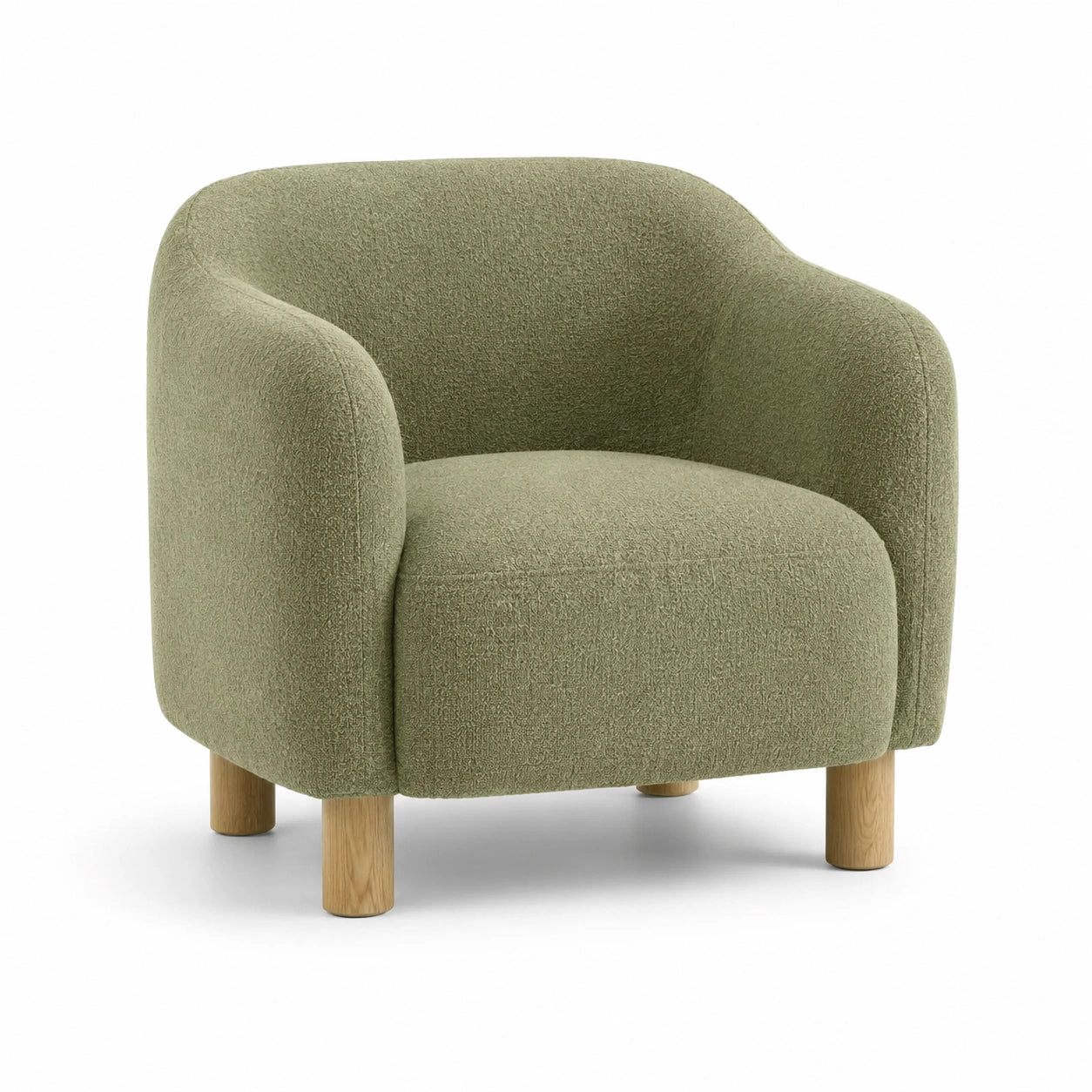 Fauteuil en tissu bouclette vert olive avec pieds en chêne
