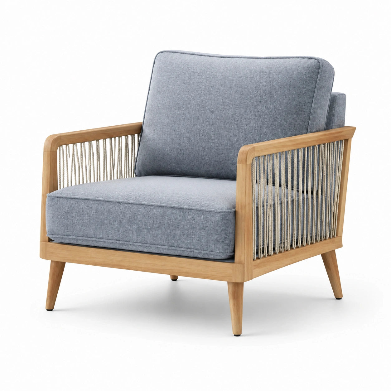 Fauteuil en bois et corde avec coussins en tissu gris