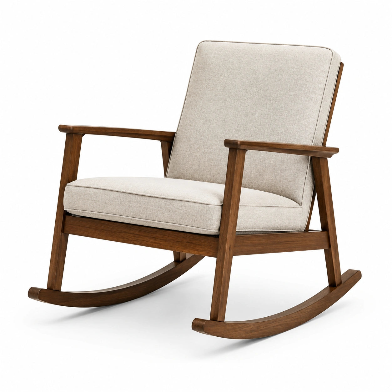 Fauteuil à bascule en tissu crème avec cadre en métal doré et patins en bois de noyer
