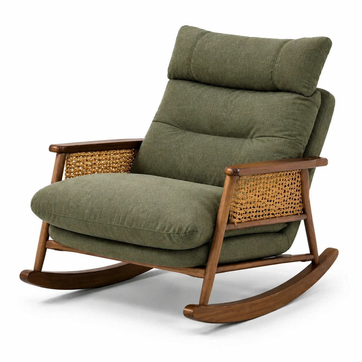 Fauteuil à bascule en tissu polyester beige avec pieds en hêtre et métal