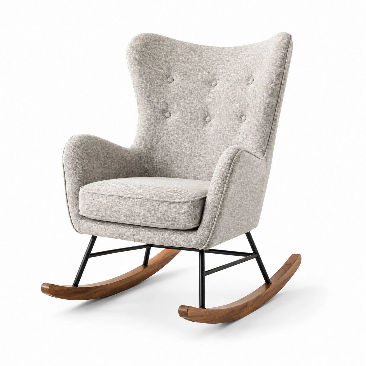 Fauteuil à bascule en bois et métal avec revêtement vert en polyester